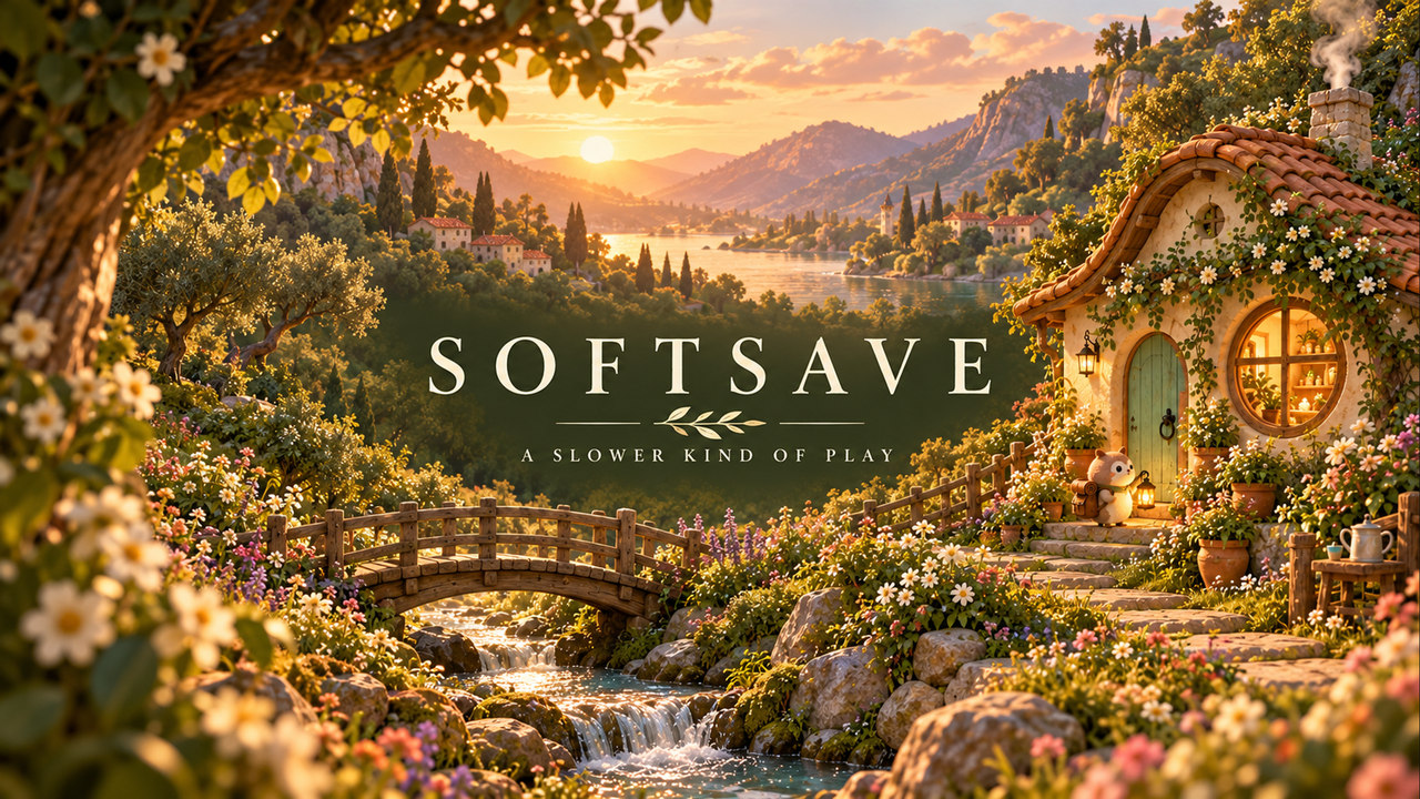 SOFTSAVE channel banner: the centered channel name and A Slower Kind of Play tagline above a cottage garden.